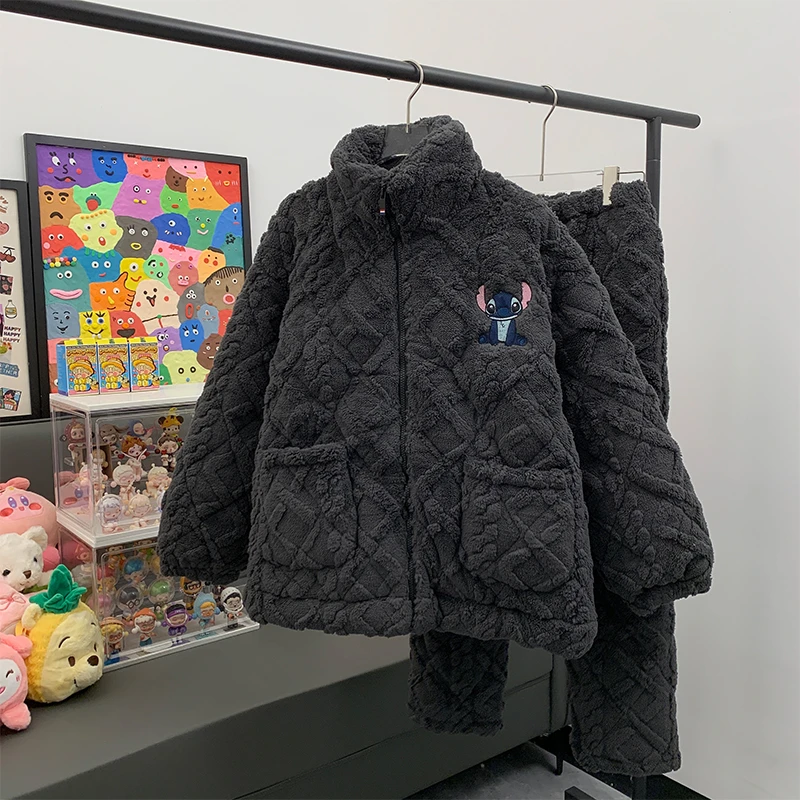 史迪奇珊瑚绒三层夹棉袄情侣睡衣女秋冬季加厚男士卡通纯色家居服
