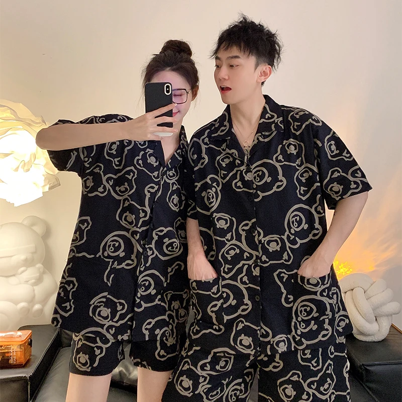 日系ins小熊情侣睡衣女夏季网红风短袖高级感纯棉两件套家居服男