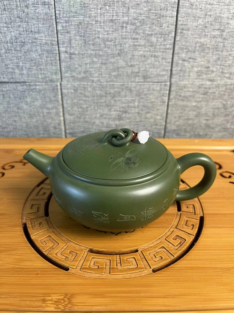 全手工单圈扁玉绿泥茶壶