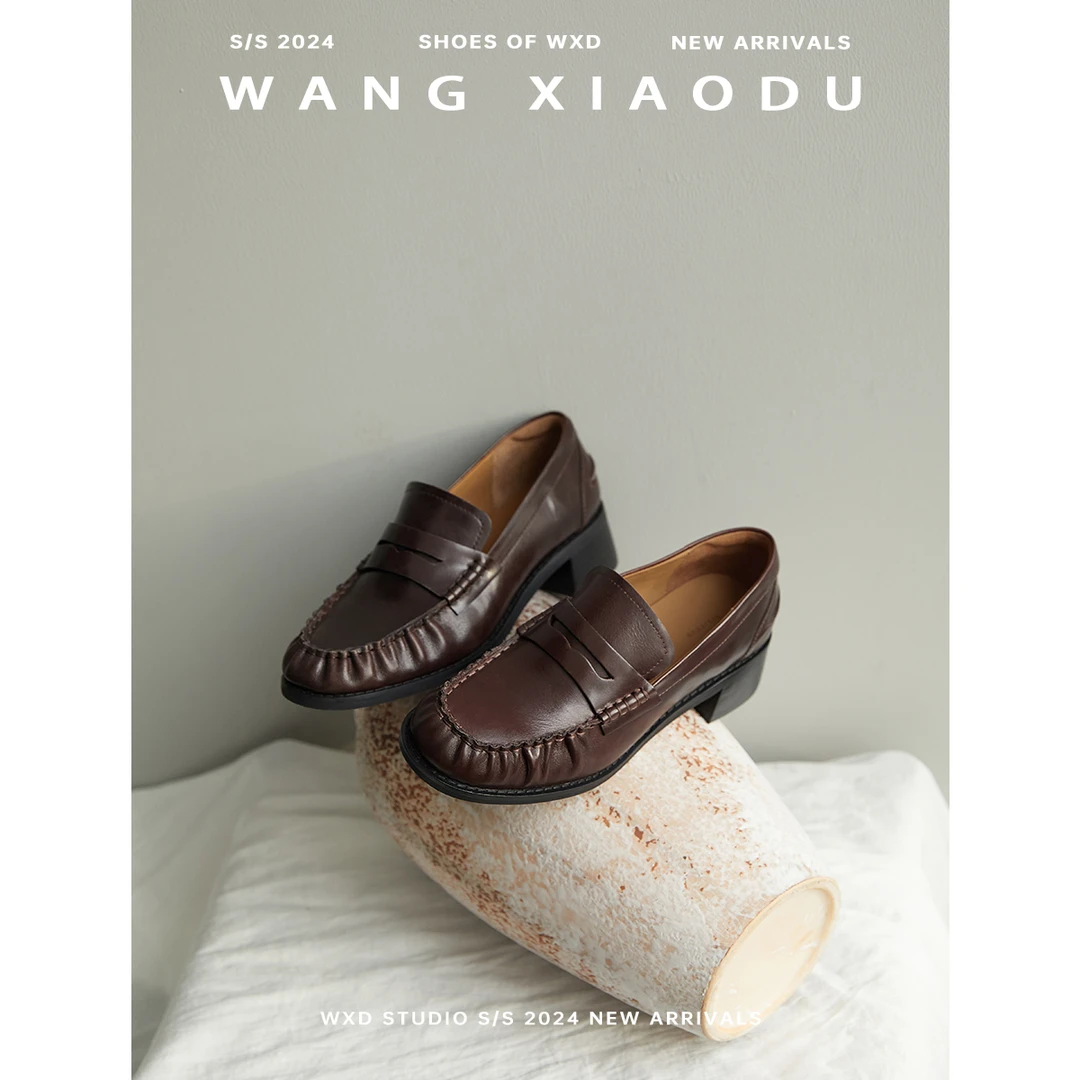 【断码清仓】文艺书摘●头层牛皮乐福鞋女粗跟真皮圆头老钱风小皮鞋