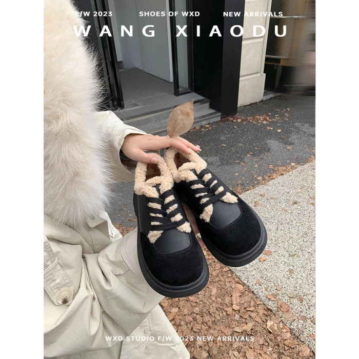 【王小毒】围炉煮茶●毛毛厚底板鞋女外穿复古保暖平底加绒休闲鞋