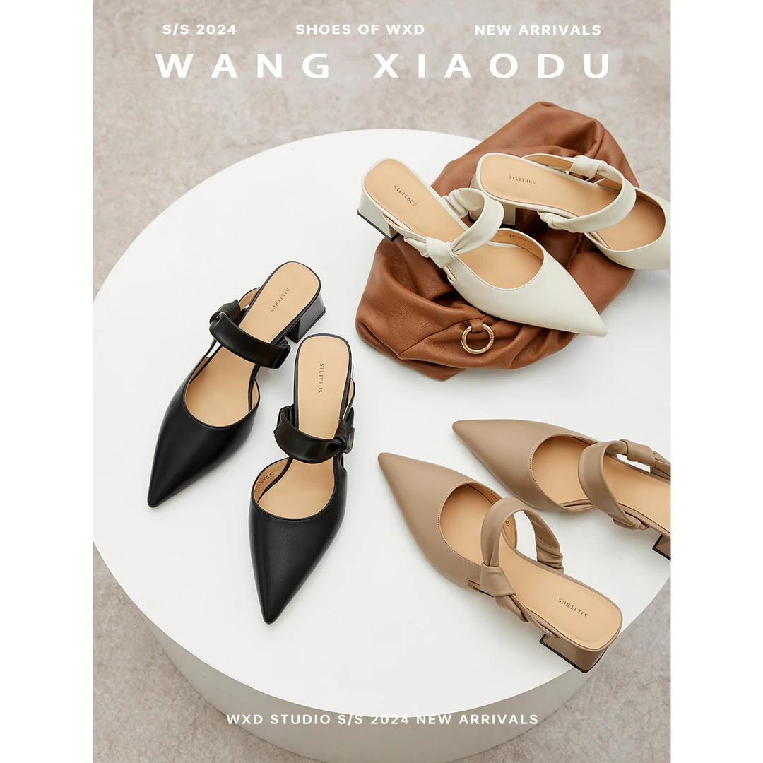 【王小毒】温柔印记●羊皮包尖头半拖鞋女夏外穿一字带粗跟穆勒鞋