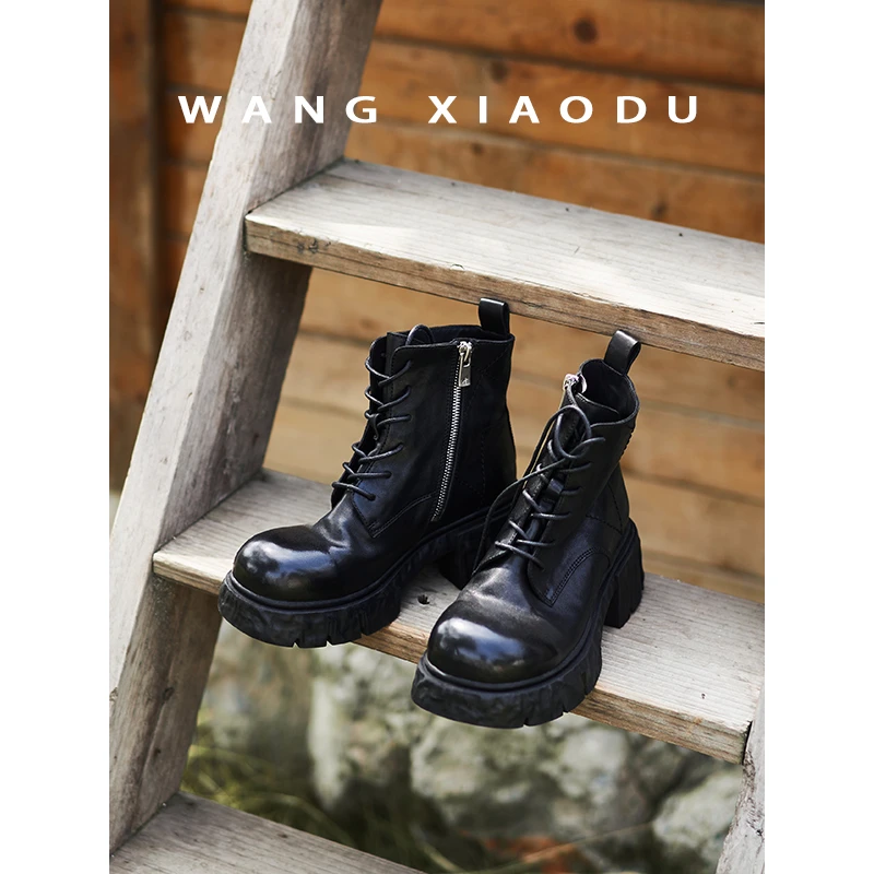 【王小毒】喜欢●重手工6cm增高真皮短靴女小个子厚底复古马丁靴