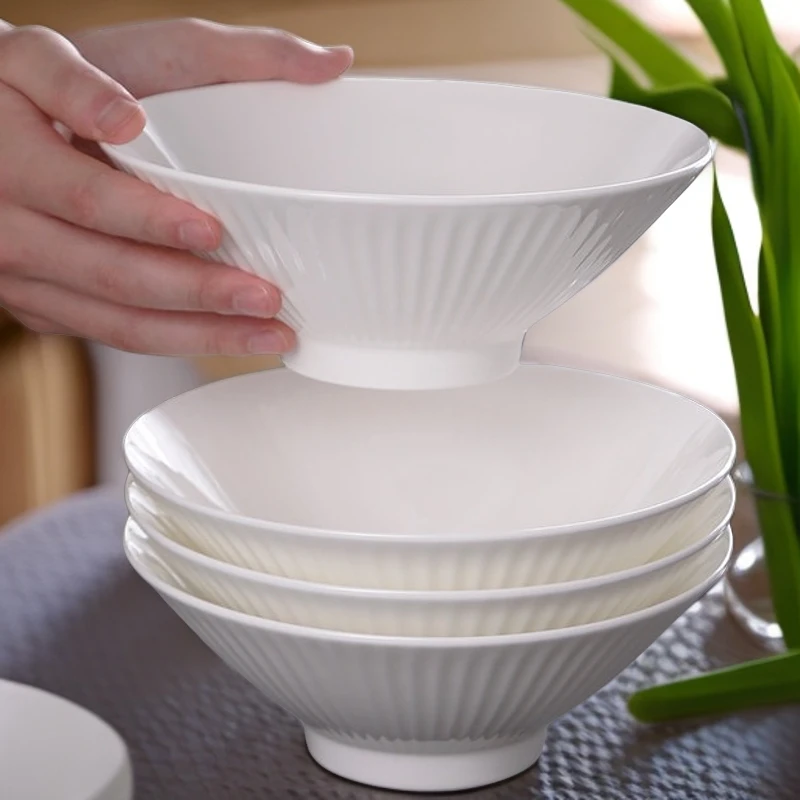 瓷创4个装8英寸斗笠简约竖纹家用陶瓷大汤碗面碗家用