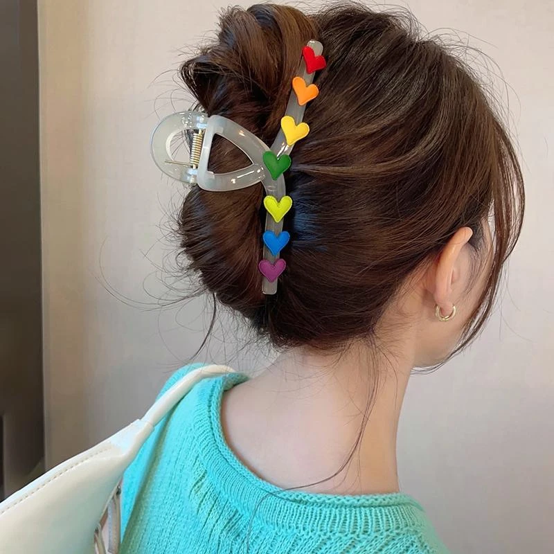 彩虹可爱爱心发抓大号发夹女后脑勺高级感新款美拉德五金女孩发圈