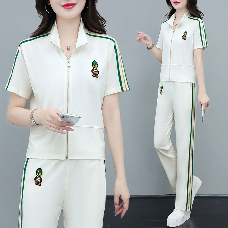 啄木鸟休闲套装女夏款夏季薄款宽松开衫短袖阔腿裤运动服两件套潮