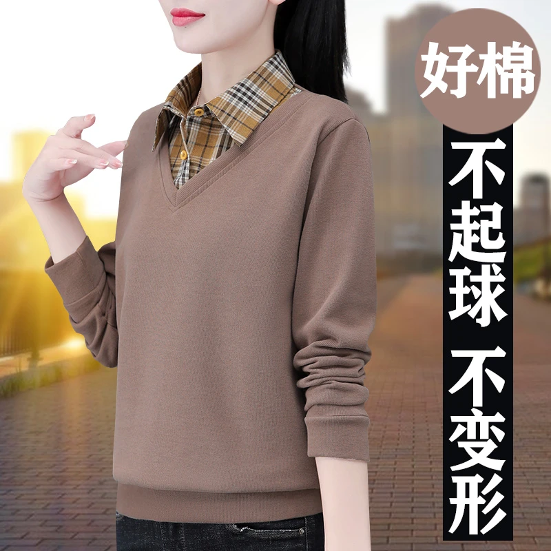 无品牌假两件卫衣女春秋款时尚百搭洋气中年妈妈秋季衬衫领上衣潮