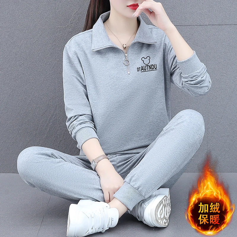 加绒加厚运动服套装女冬季中年妈妈秋冬半拉链卫衣两件套