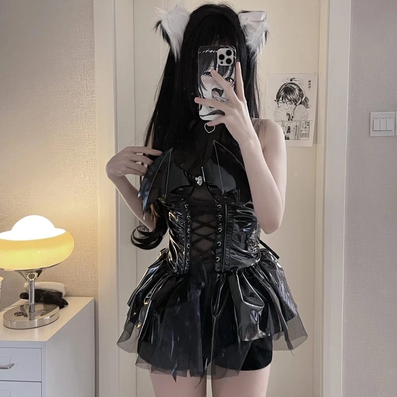 性感恶魔小恶魔漆皮连衣裙性感亮面pu蝙蝠绑带短裙套装皮裙lolita