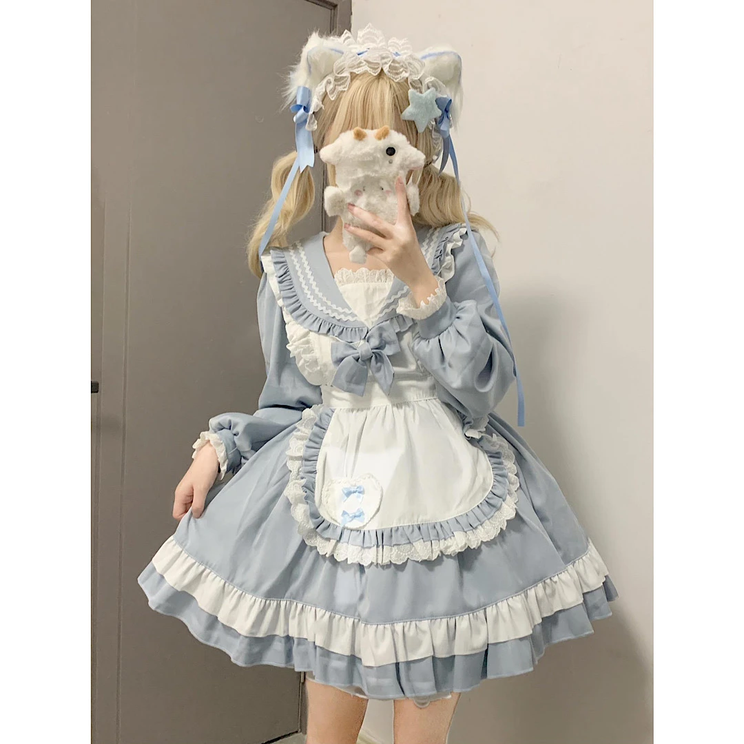 新款lolita日系甜美JK水手服cos女仆制服连衣裙女佣围裙宝石套装