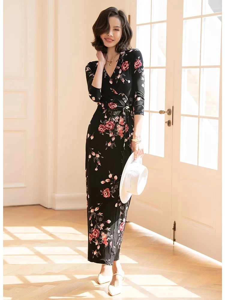 【日常新中式】名媛裹身裙新中式气质黑色复古印花连衣裙春夏长裙