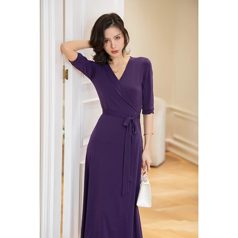 春夏爆款裹身裙气质修身惊艳紫色时尚连衣裙长裙性感优雅精致韩系