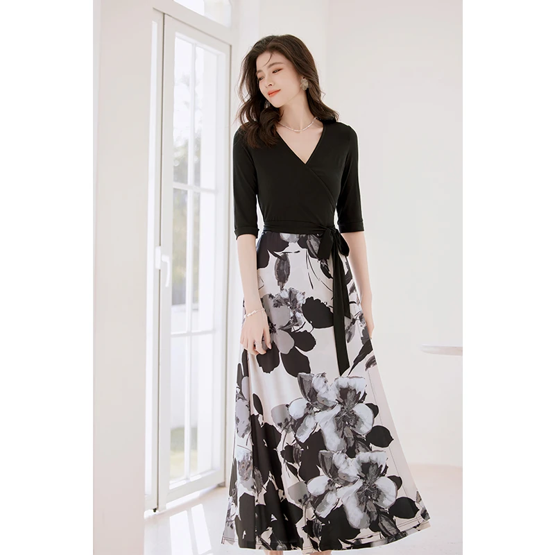 新款夏装高腰显瘦裹身气质日常时尚长款印花大摆长裙小碎花连衣裙