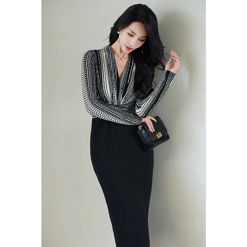 高端定制坑条弹力拼接裹身裙｜时尚气质百搭包臀裙连衣裙女人味