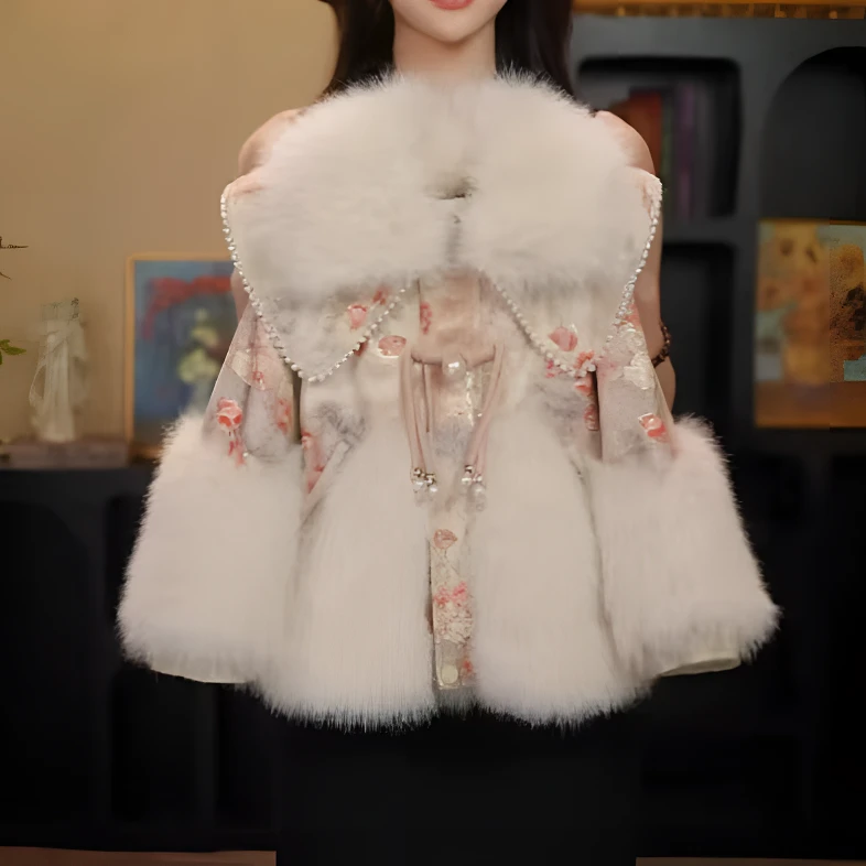 女童亲子款轻奢国风加绒加厚仿皮草外套2024冬季新款儿童皮毛一体