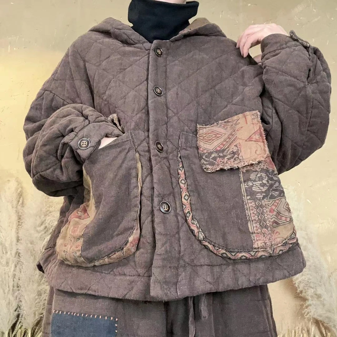 2023冬季新款炒色做旧小款夹棉菱形格棉衣3686