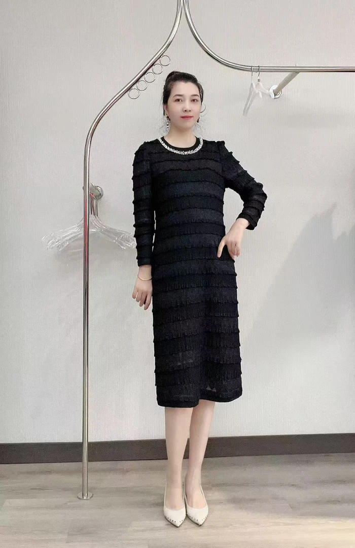 【Y3416】春秋女装新款连衣裙女时尚百搭钉珠领修身显瘦