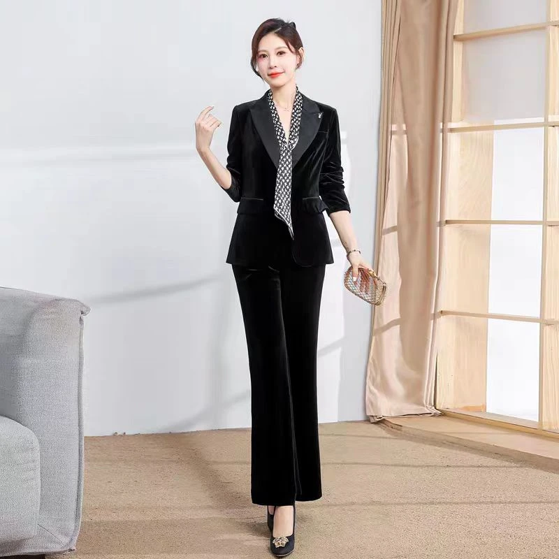 [T4119]时尚金丝绒气质修身西服套装
