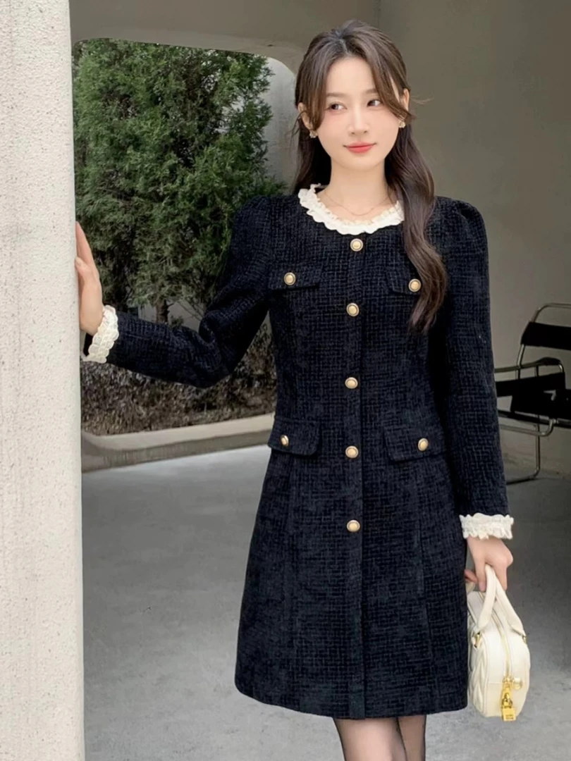 【Y3439】法式小香风黑色连衣裙撞色木耳领长袖裙子