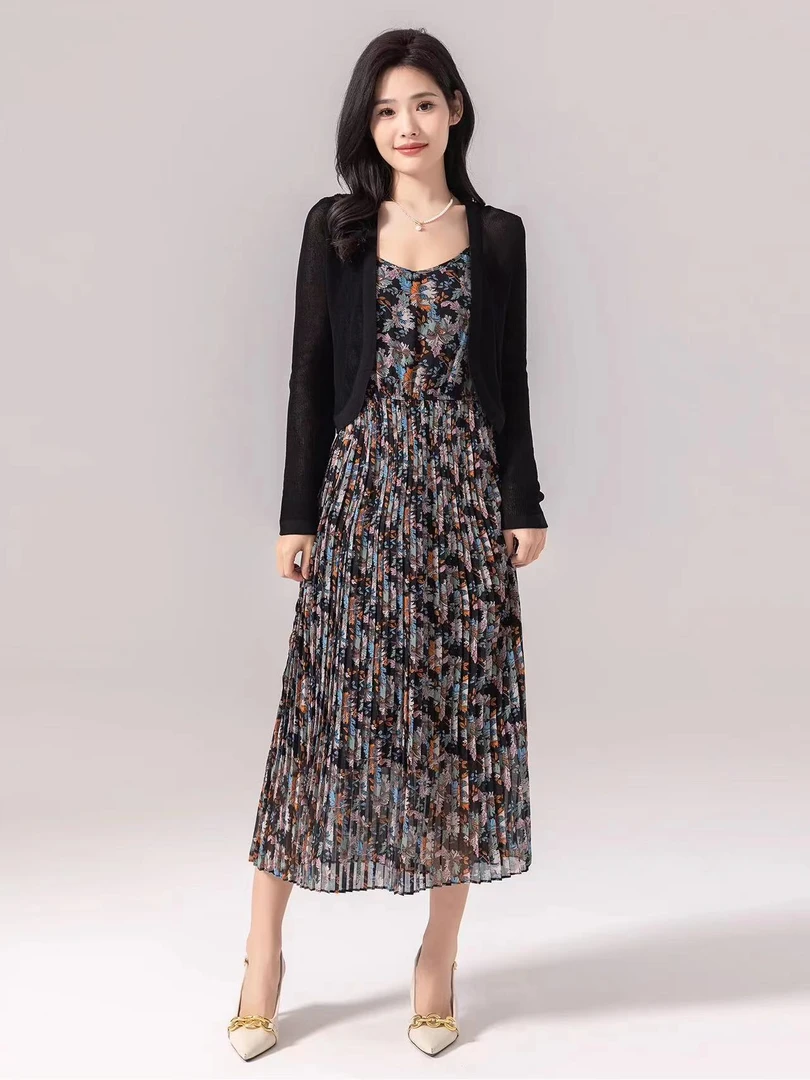 【T3319】韩版气质吊带印花开衫外披两件套连衣裙