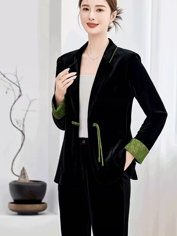 【T1393】裤子以直播间为准金】丝绒感外套女新中式套装两件套