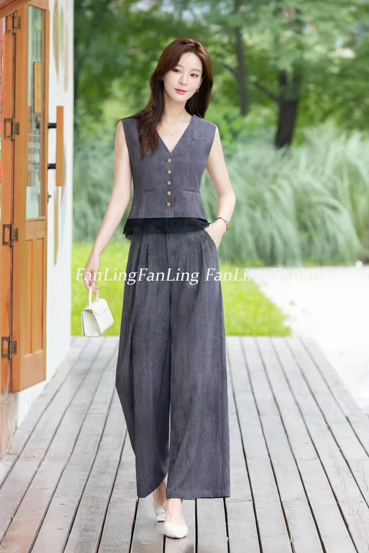 【T1380】秋新款时尚轻熟高级感气质显瘦马甲阔腿裤两件套