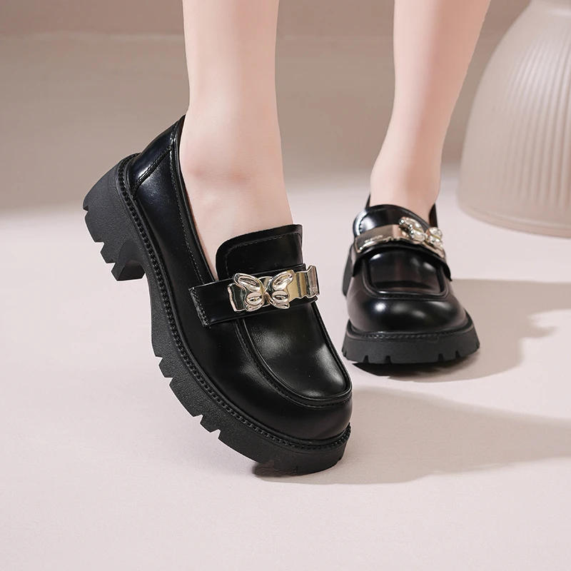 夏季厚底松糕乐福鞋女粗跟百搭软底漆皮圆头透气时尚休闲英伦风