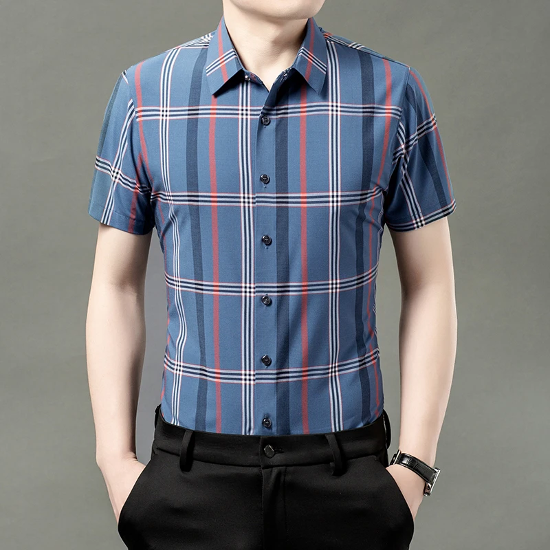 卡尔皮诺男士衬衣梭织布彩色格子薄款透气吸汗男士高档网红衬衫男