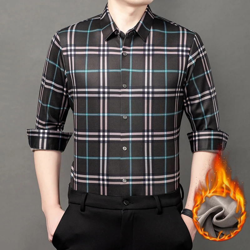 卡尔皮诺2308-1冬季加绒加厚男士格子保暖修身款商务休闲百搭衬衫