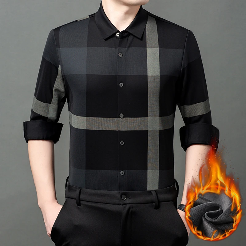 卡尔皮诺2307男士加绒加厚冬季保暖时尚潮流修身翻领衬衫百搭衬衣