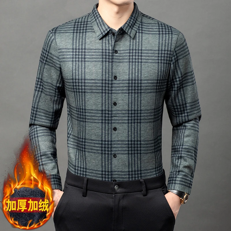 卡尔皮诺2300冬季加绒加厚男士宽松保暖格子商务衬衣休闲长袖衬衫