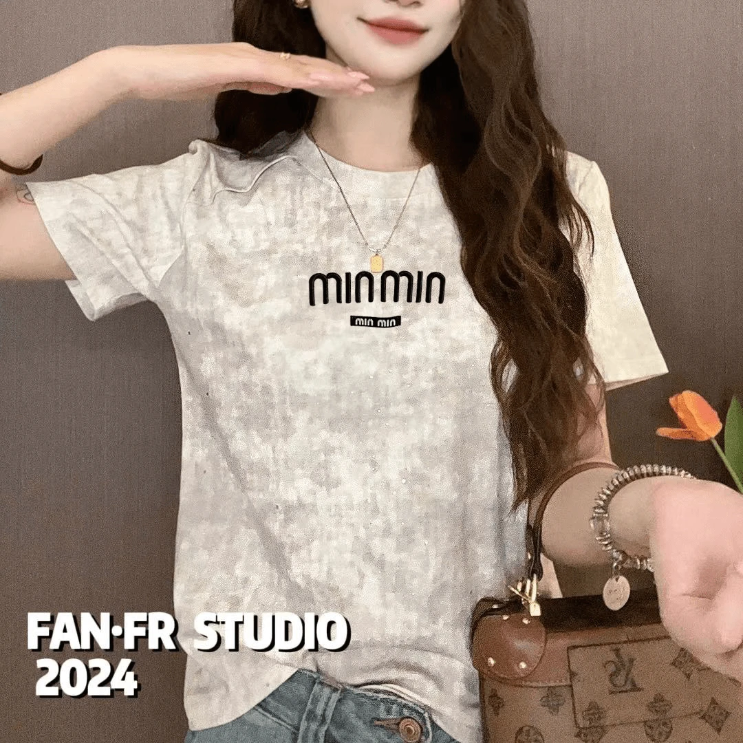 晕染设计字母印花2024夏季新款短袖T恤女扎染显瘦百搭圆领上衣