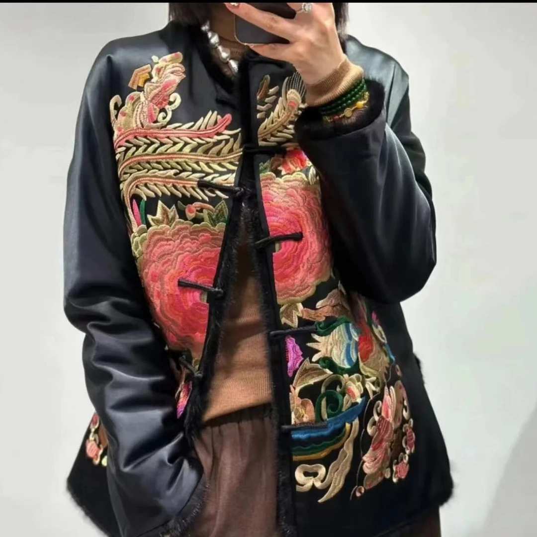 冬季棉服复古中式刺绣带毛边国风国潮重工刺绣棉衣外套