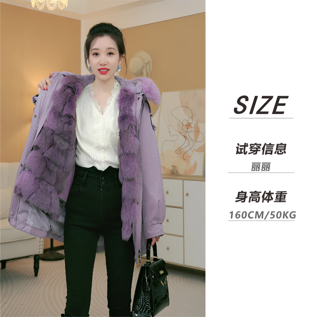 【狐美人】冬季中长款毛领连帽保暖派克服简约风厚外套女款