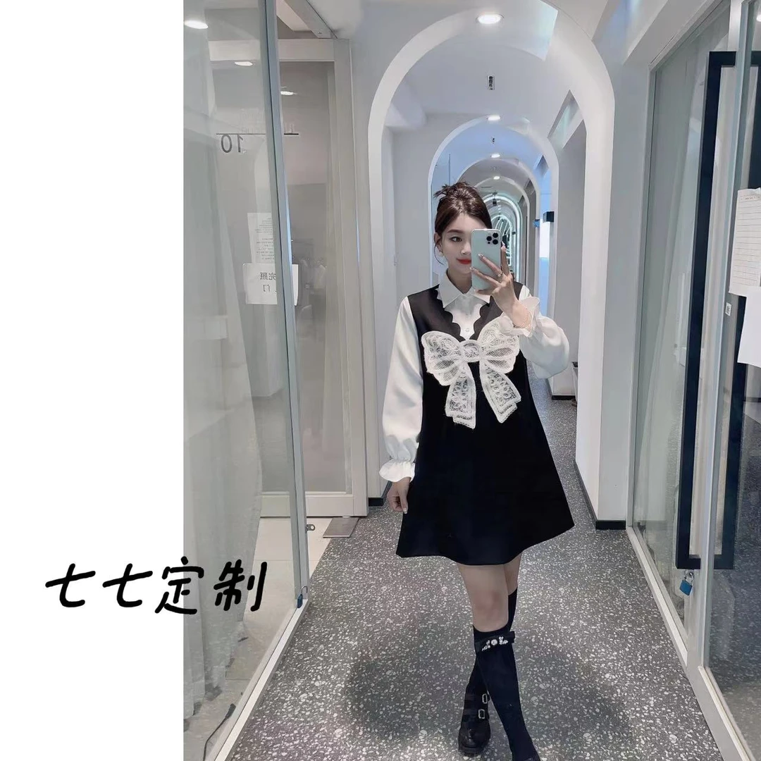 【七七定制】蕾丝蝴蝶结饰假两件2024春甜妹学院风裙 款号h010