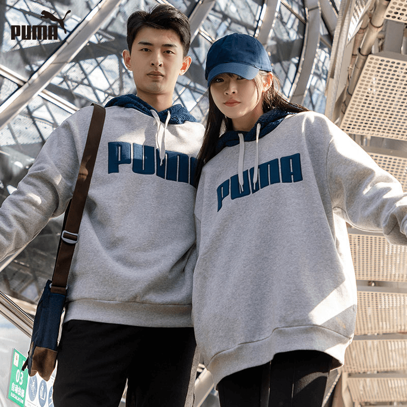 puma彪马灰色情侣连帽加绒卫衣春秋新款时尚休闲运动服长袖套头衫