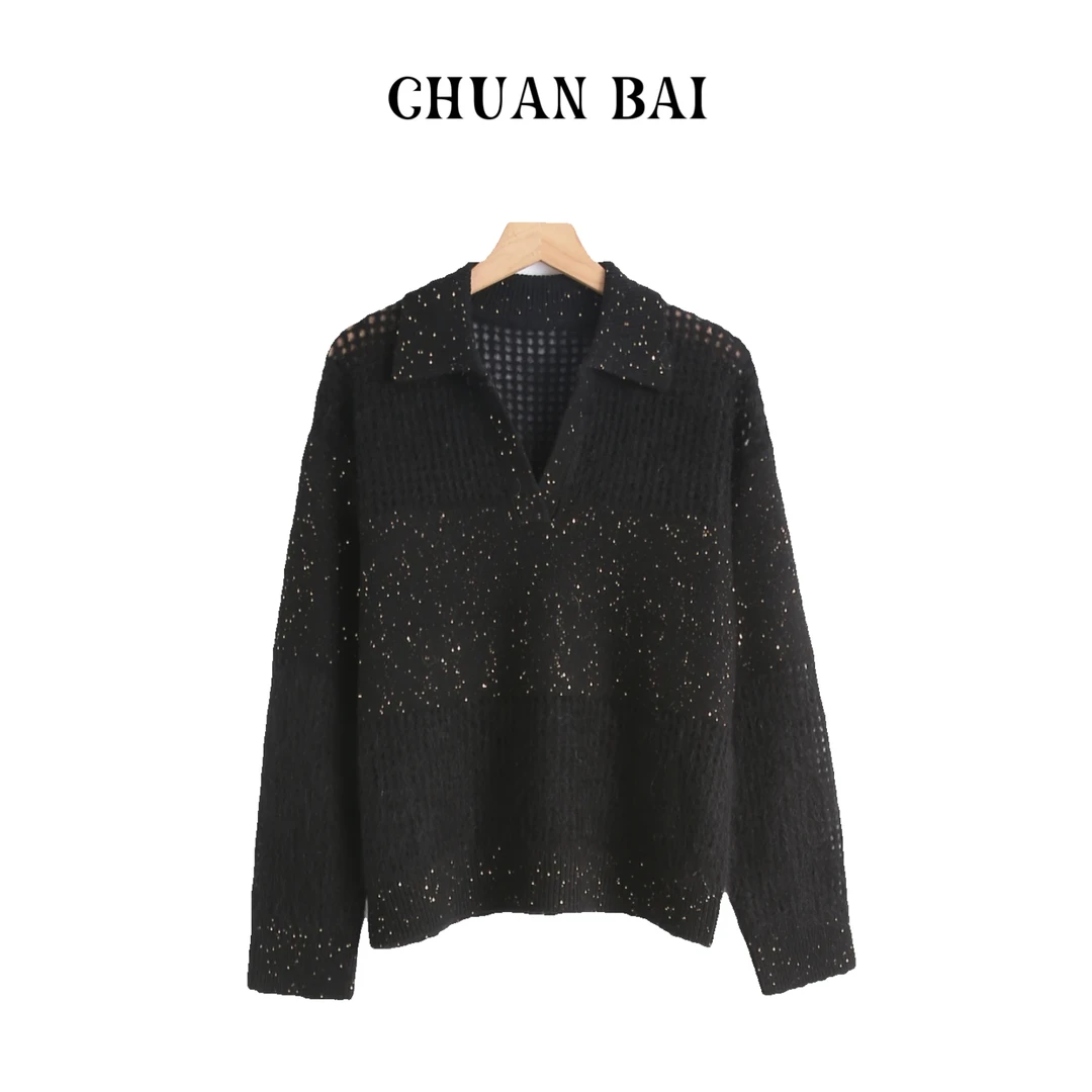 【川白】  新款马海毛韩系镂空条纹polo领套头女毛衣针织衫-80128