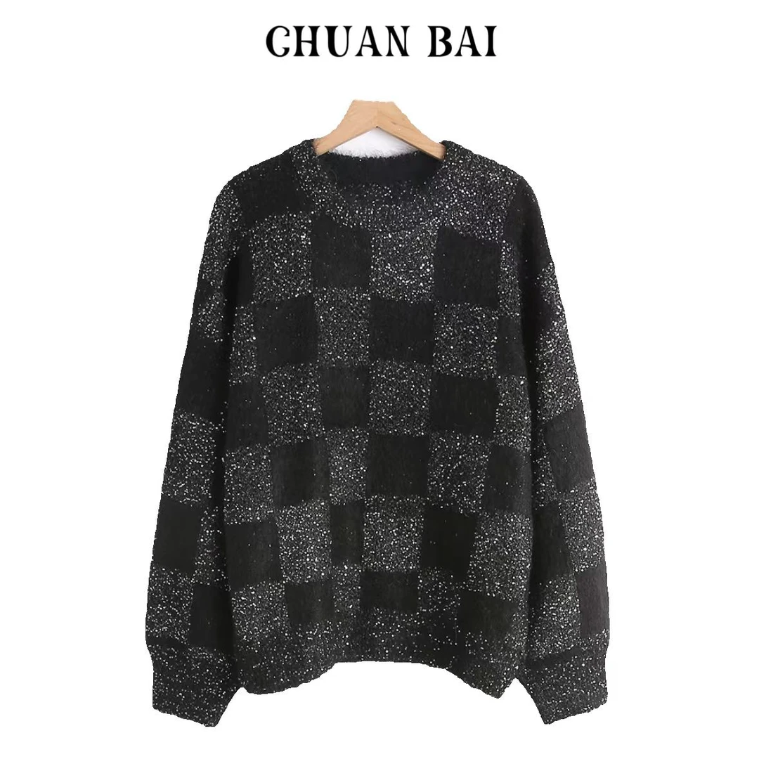 【川白】 新款马海毛韩系撞色棋盘格圆领针织套头衫-6519