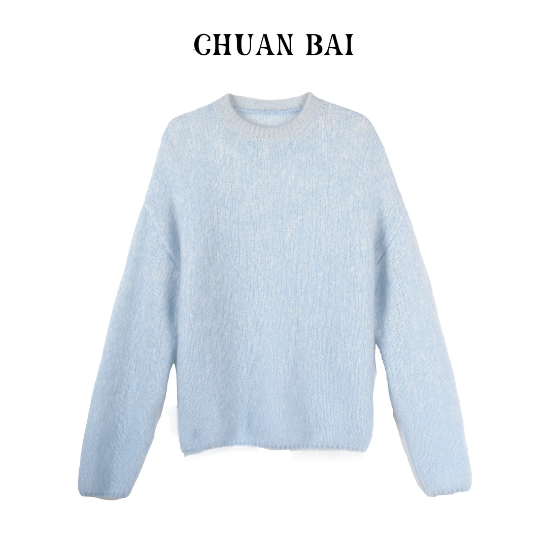 【川白】 新款马海毛渐变花纱点子纱圆领针织套头衫-80139