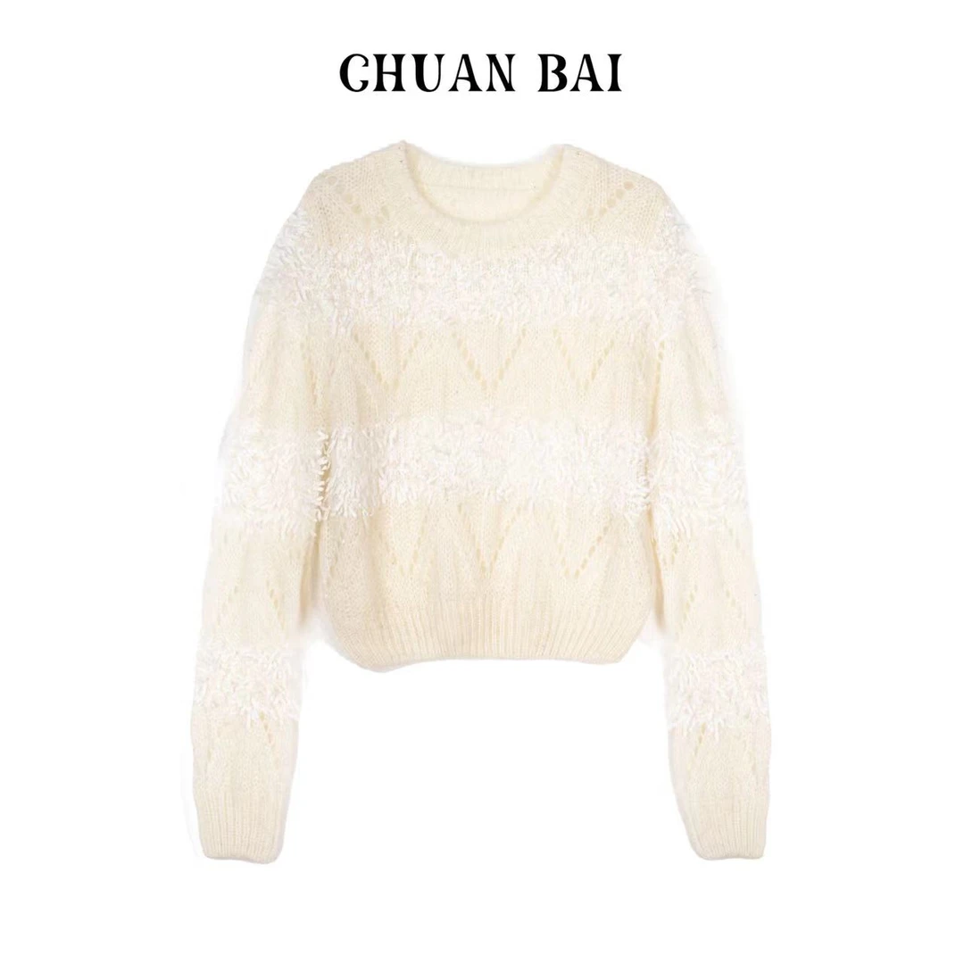 超柔南非马海毛系 宽松软糯慵懒风圆领纸片设计款针织套头衫-1903