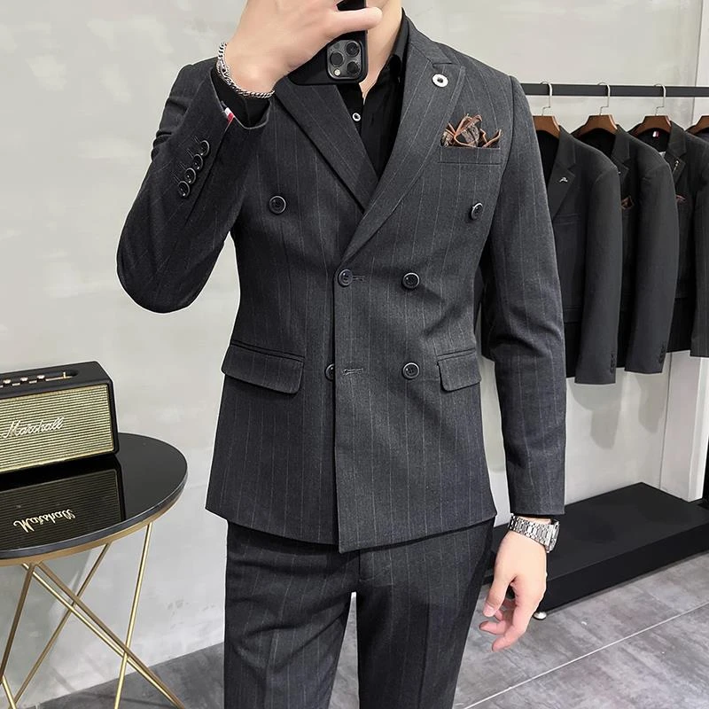 西服套装男三件套修身竖条纹男士双排扣西装新郎结婚礼服英伦韩y