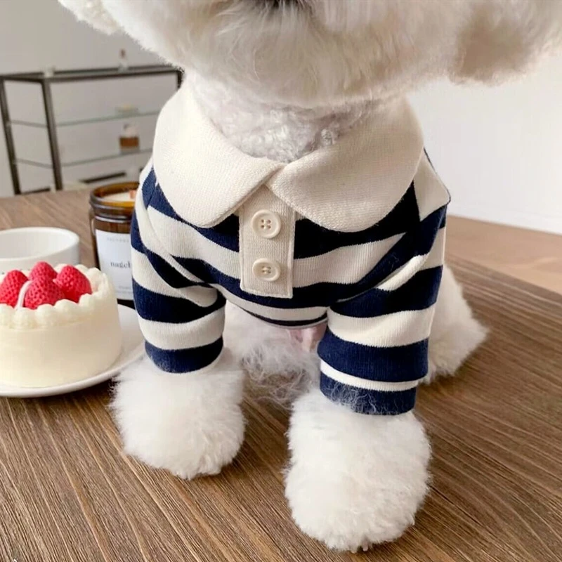 秋冬季宠物衣服条纹圆领纽扣T恤防掉毛博美贵宾小型幼犬猫咪衣服