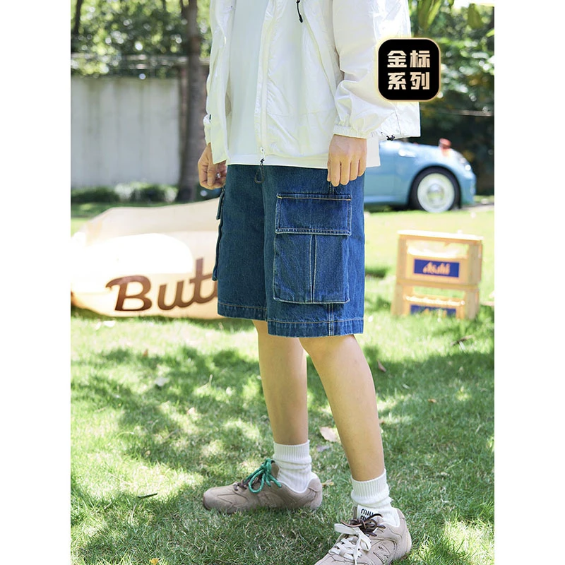 Cookawu夏季正常腰水洗蓝百搭大口袋工装牛仔短裤帅t直筒日系