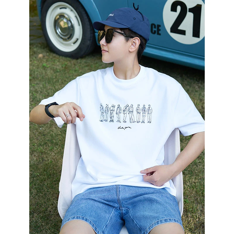 Cookawu夏季简笔画白色不透短袖T恤男女纯棉潮流印花圆领XS