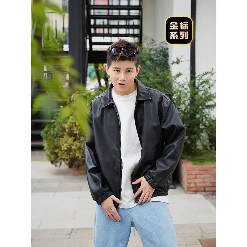 Cookawu春秋微落肩分割拼接短款皮夹克外套帅t百搭休闲翻领