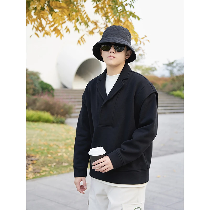 Cookawu冬季加绒加厚黑色西装领正式休闲假两件宽肩套头外套