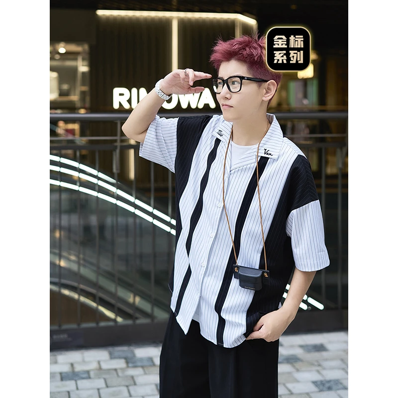 Cookawu2023夏金标设计师轻薄黑白拼接绣花日系短袖衬衫条纹休闲