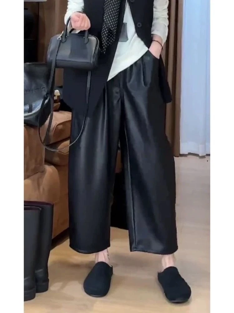 黑色pu皮裤女2025秋冬新款高腰遮跨显瘦高级感松紧腰阔腿九分裤子