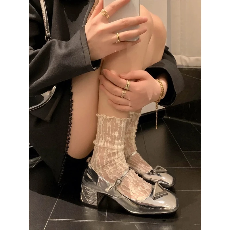 白色蕾丝袜子女夏季薄款中筒袜网纱搭配玛丽珍鞋日系jk堆堆袜夏天