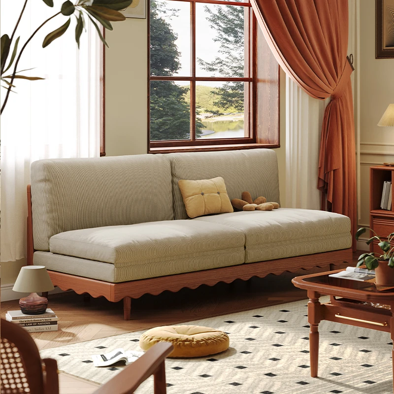 法式复古实木沙发床中古布艺沙发小户型伸缩樱桃木三人位FG230918